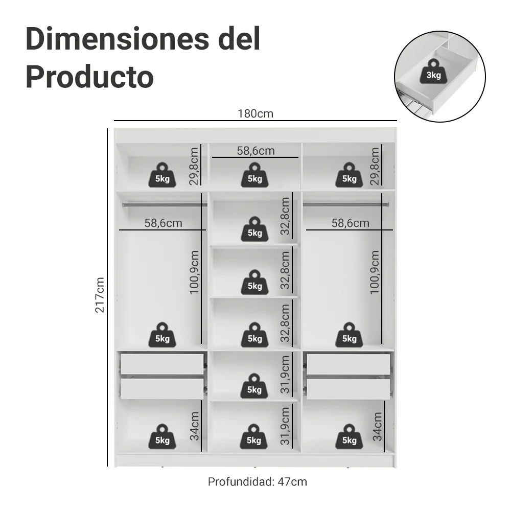 Placard Matrimonial 6 Puertas Batientes Venus Blanco/Blanco/Negro - Image 2
