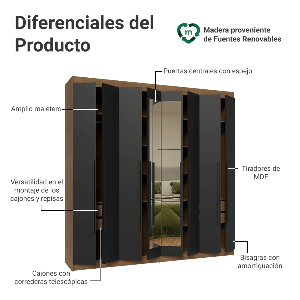 Placard Matrimonial 8 Puertas Batientes con Espejo Venus Marrón/Negro/Negro - Image 4
