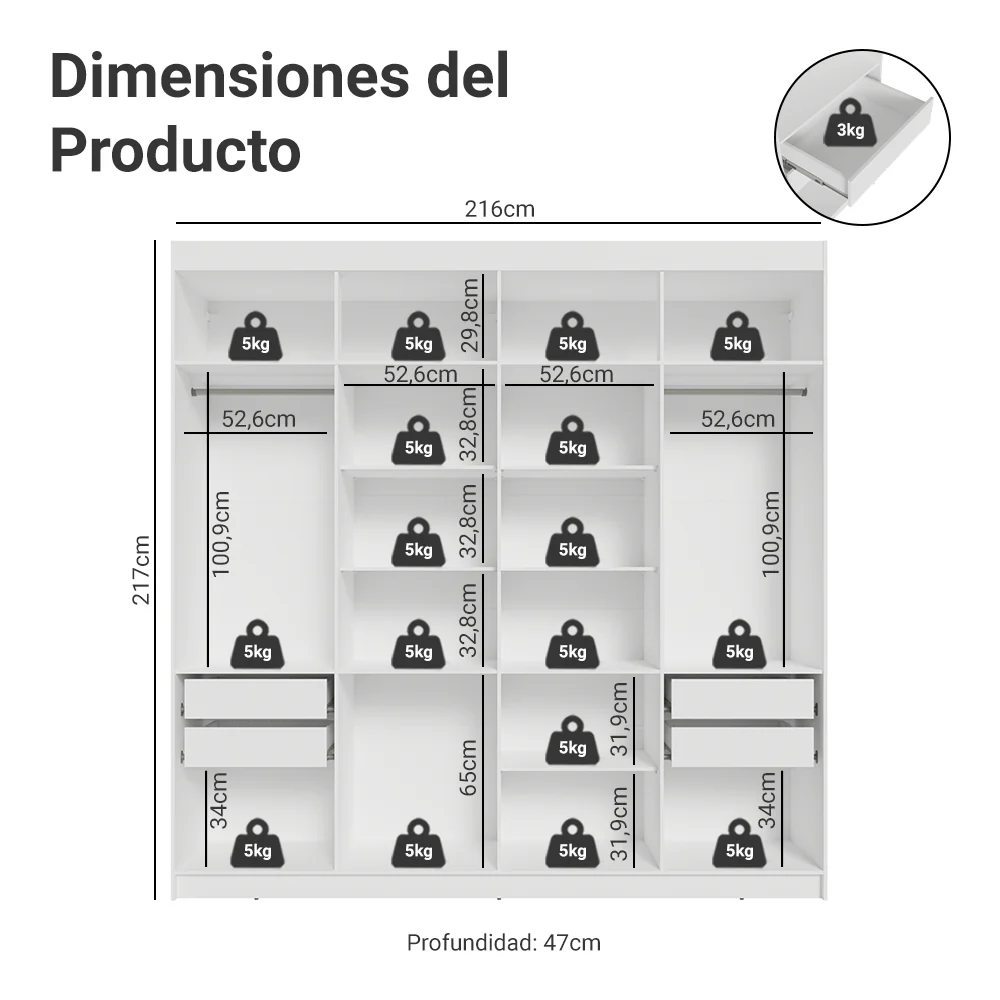 Placard Matrimonial 8 Puertas Batientes Venus Blanco/Negro/Negro - Image 2