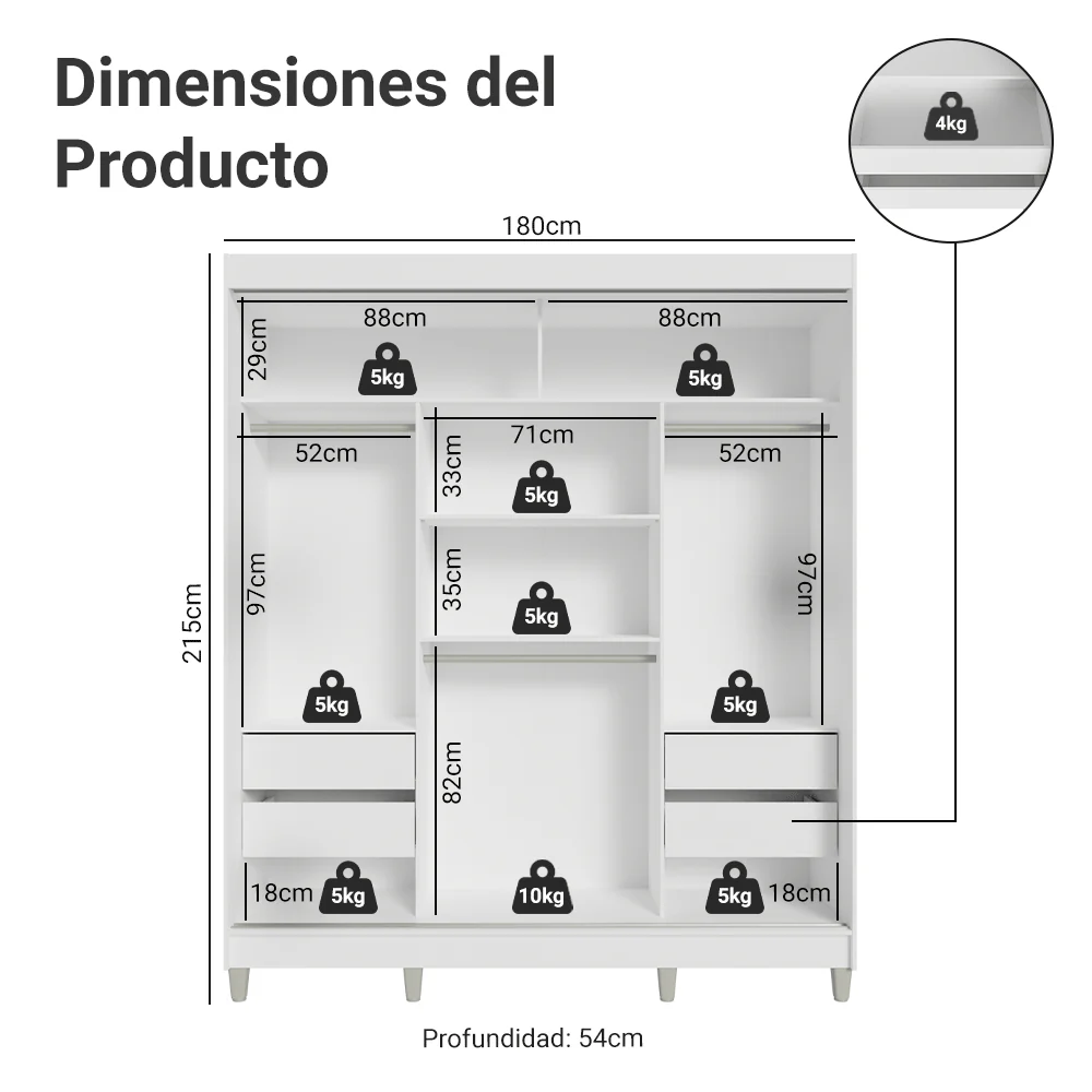 Placard Matrimonial con Patas 180 cm 3 Puertas con Espejo Reno Blanco/Negro - Image 2