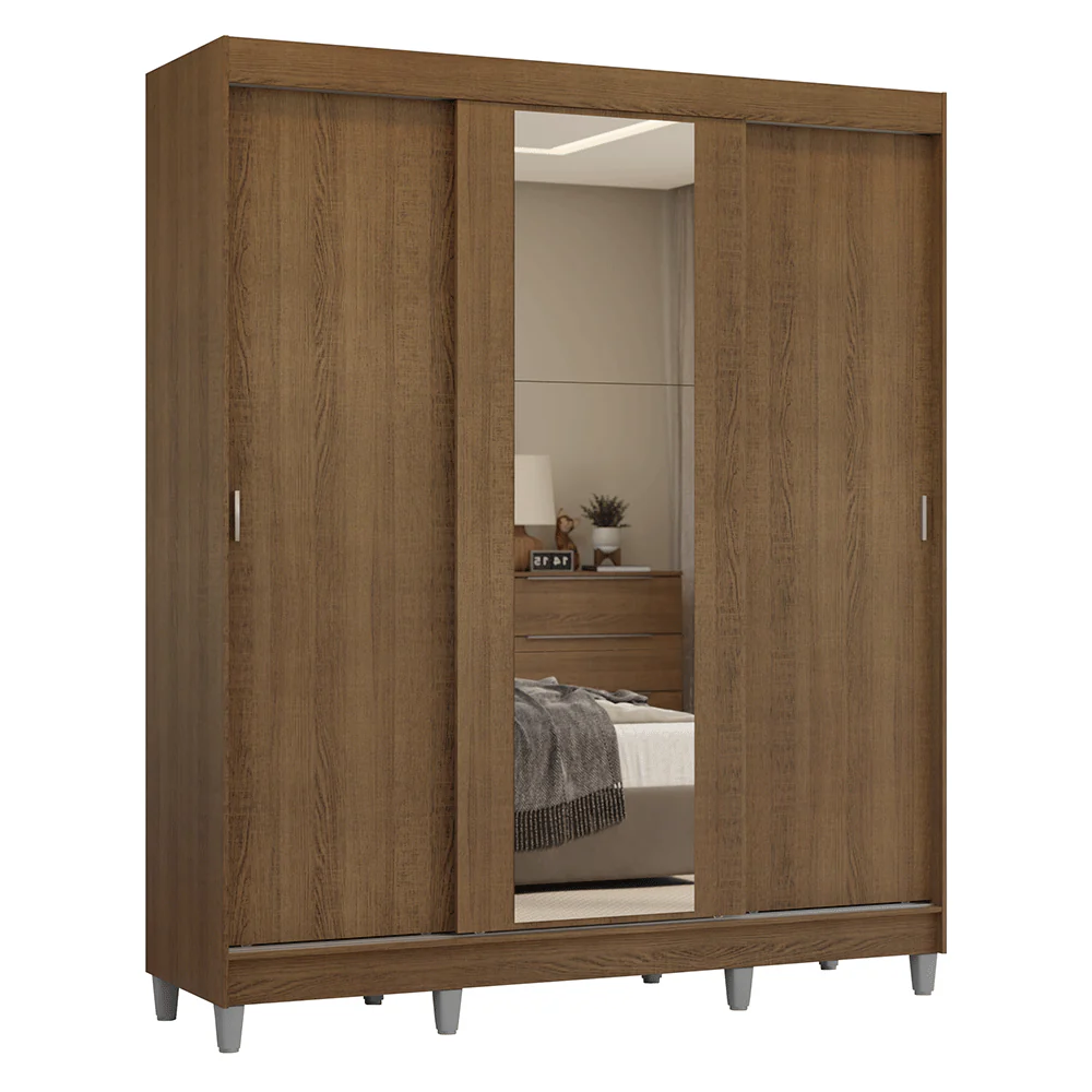 Placard Matrimonial con Patas 180 cm 3 Puertas con Espejo Reno Marrón - Image 3