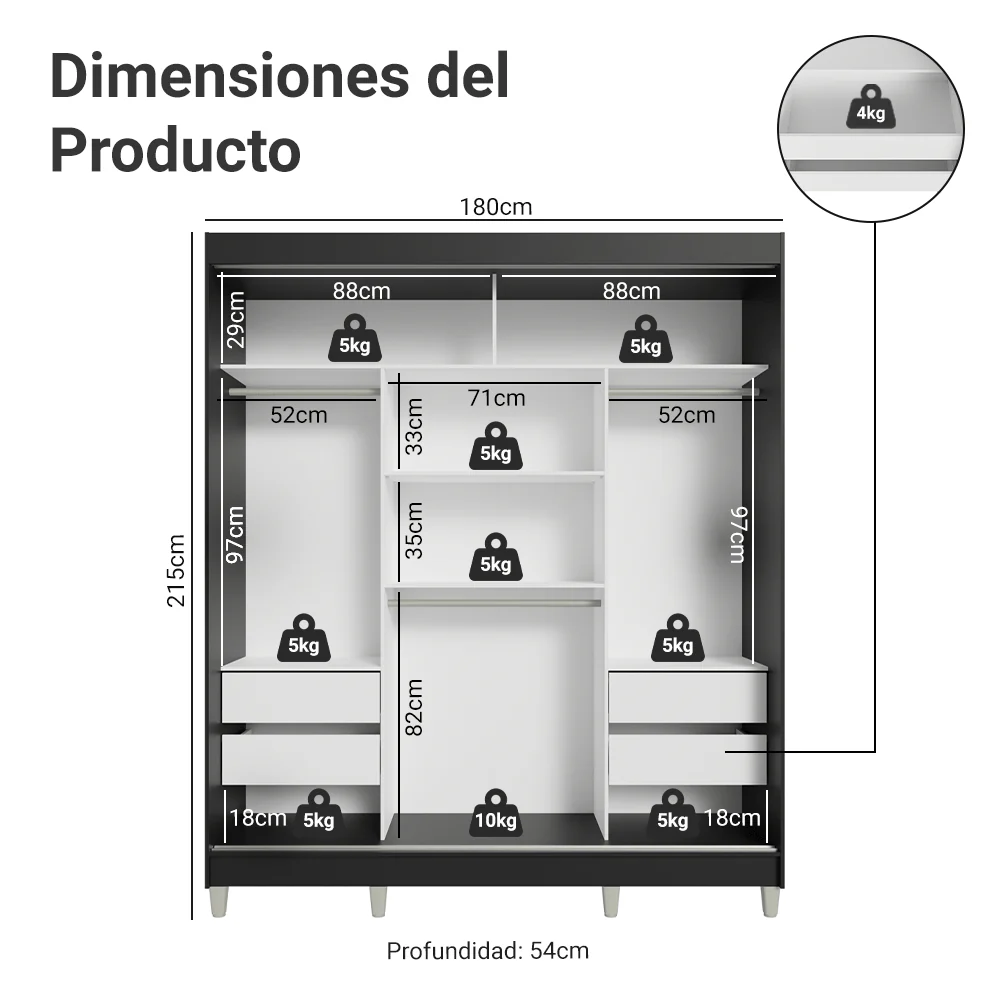 Placard Matrimonial con Patas 180 cm 3 Puertas con Espejo Reno Negro/Blanco - Image 2