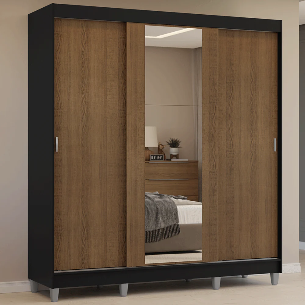 Placard Matrimonial con Patas 180 cm 3 Puertas con Espejo Reno Negro/Marrón