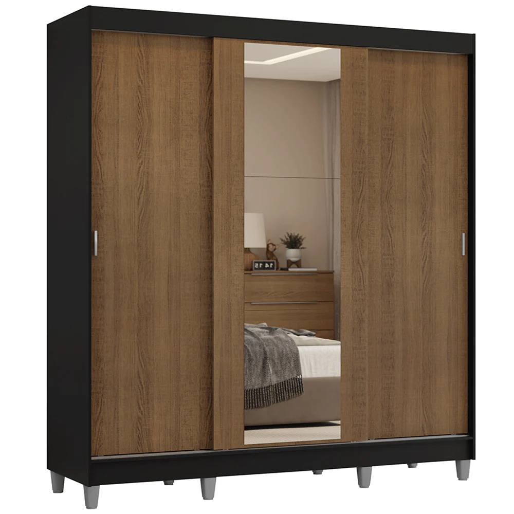 Placard Matrimonial con Patas 180 cm 3 Puertas con Espejo Reno Negro/Marrón - Image 3