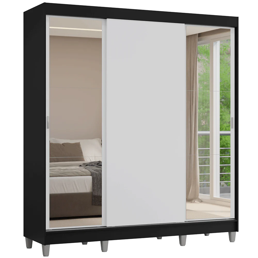 Placard Matrimonial con Patas 180 cm 3 Puertas con Espejos Reno Negro/Blanco - Image 3