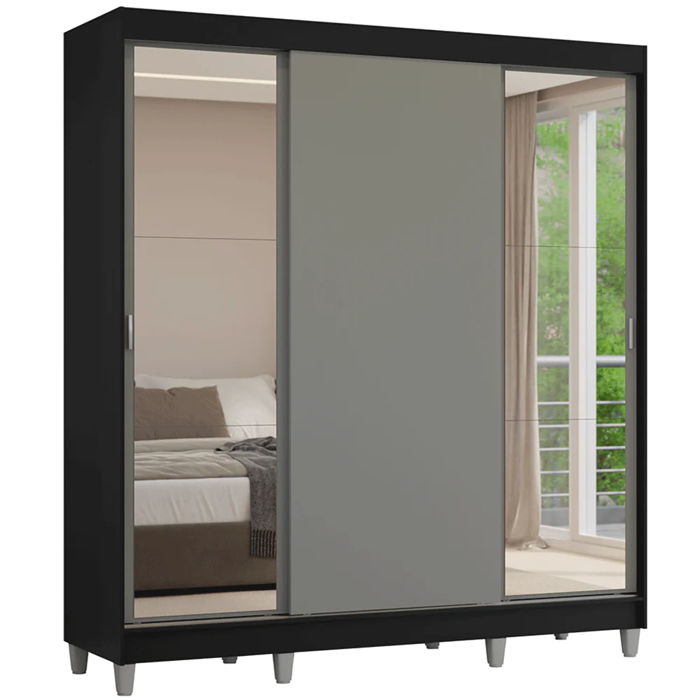 Placard Matrimonial con Patas 180 cm 3 Puertas con Espejos Reno Negro/Gris - Image 3