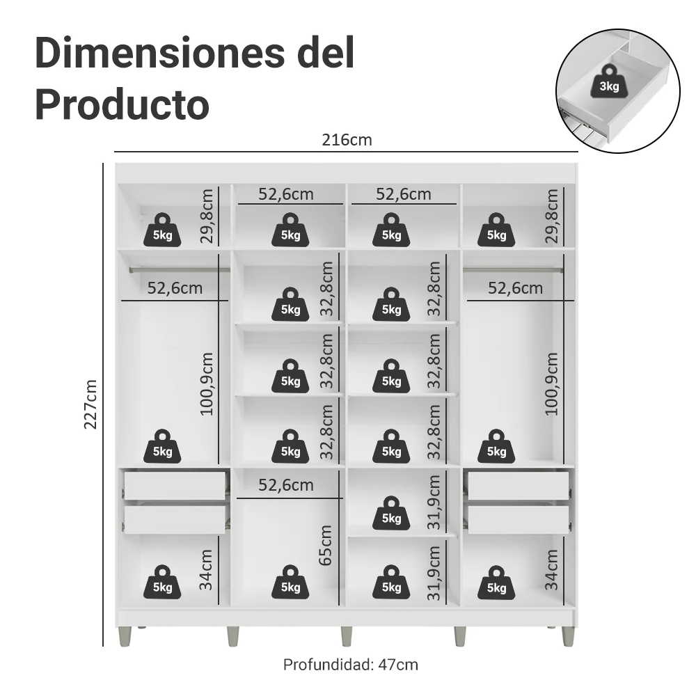 Placard Matrimonial con Patas 8 Puertas Batientes con Espejo Venus Blanco/Negro/Negro - Image 2