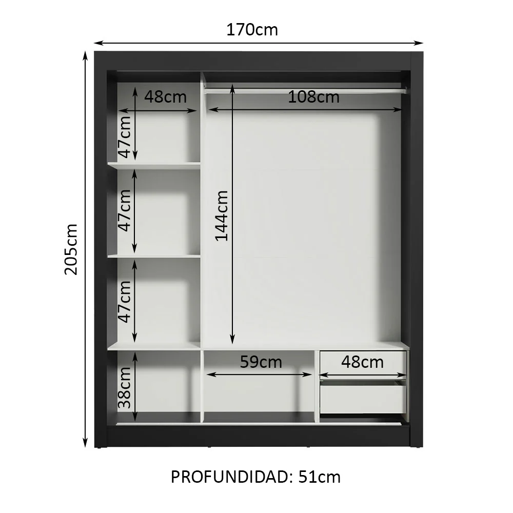 Placard Matrimonial Lyon 3 Puertas Corredizas 2 Cajones Negro - Image 4