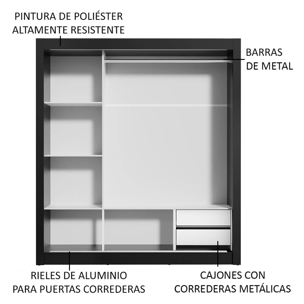 Placard Matrimonial Lyon 3 Puertas Corredizas 2 Cajones Negro/Marrón - Image 6