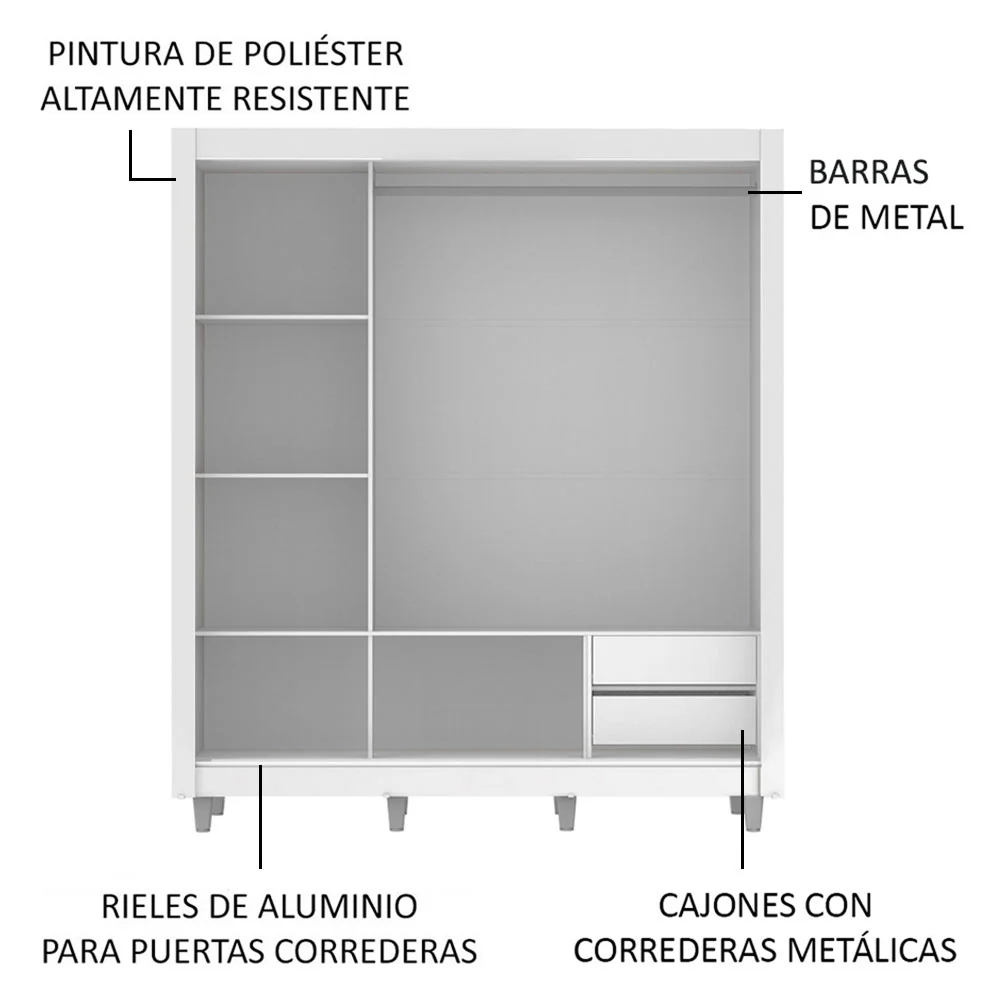 Placard Matrimonial Lyon 3 Puertas Corredizas con Espejo 2 Cajones con Patas Blanco - Image 5