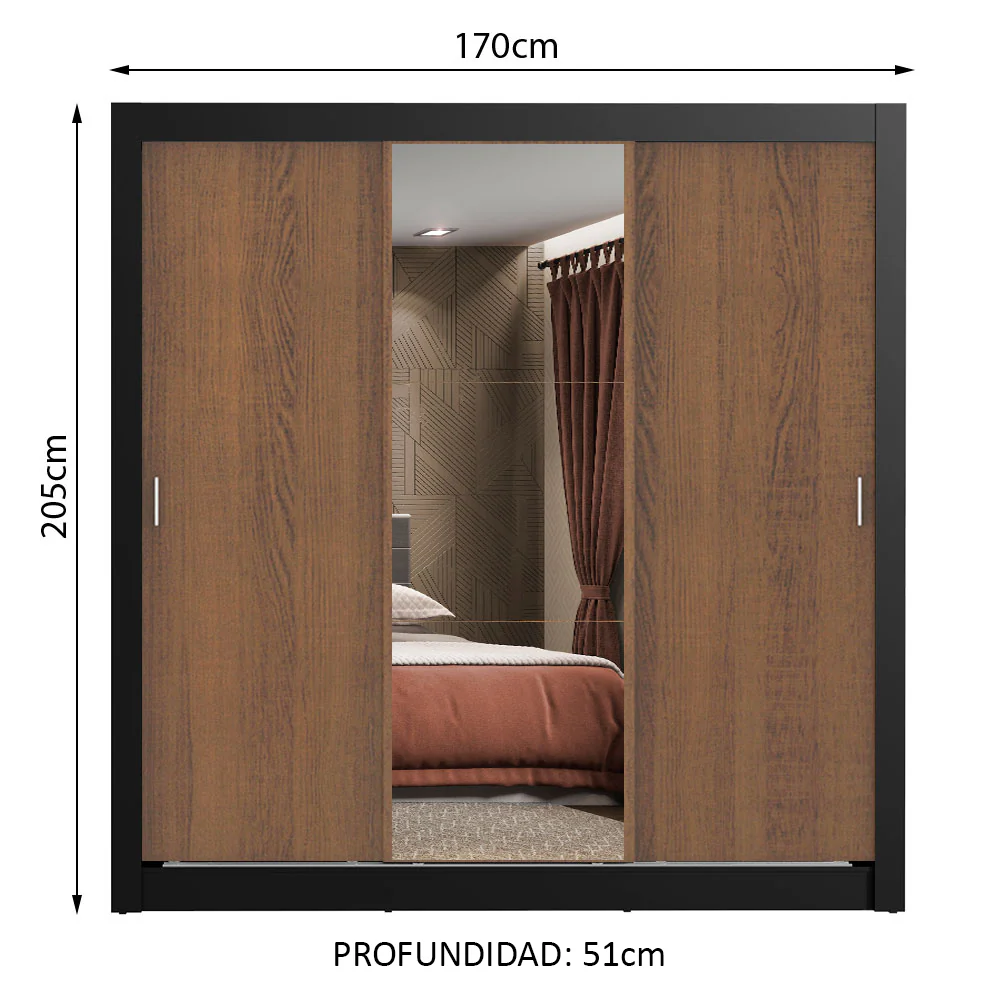 Placard Matrimonial Lyon 3 Puertas Corredizas con Espejo 2 Cajones Negro/Marrón - Image 2