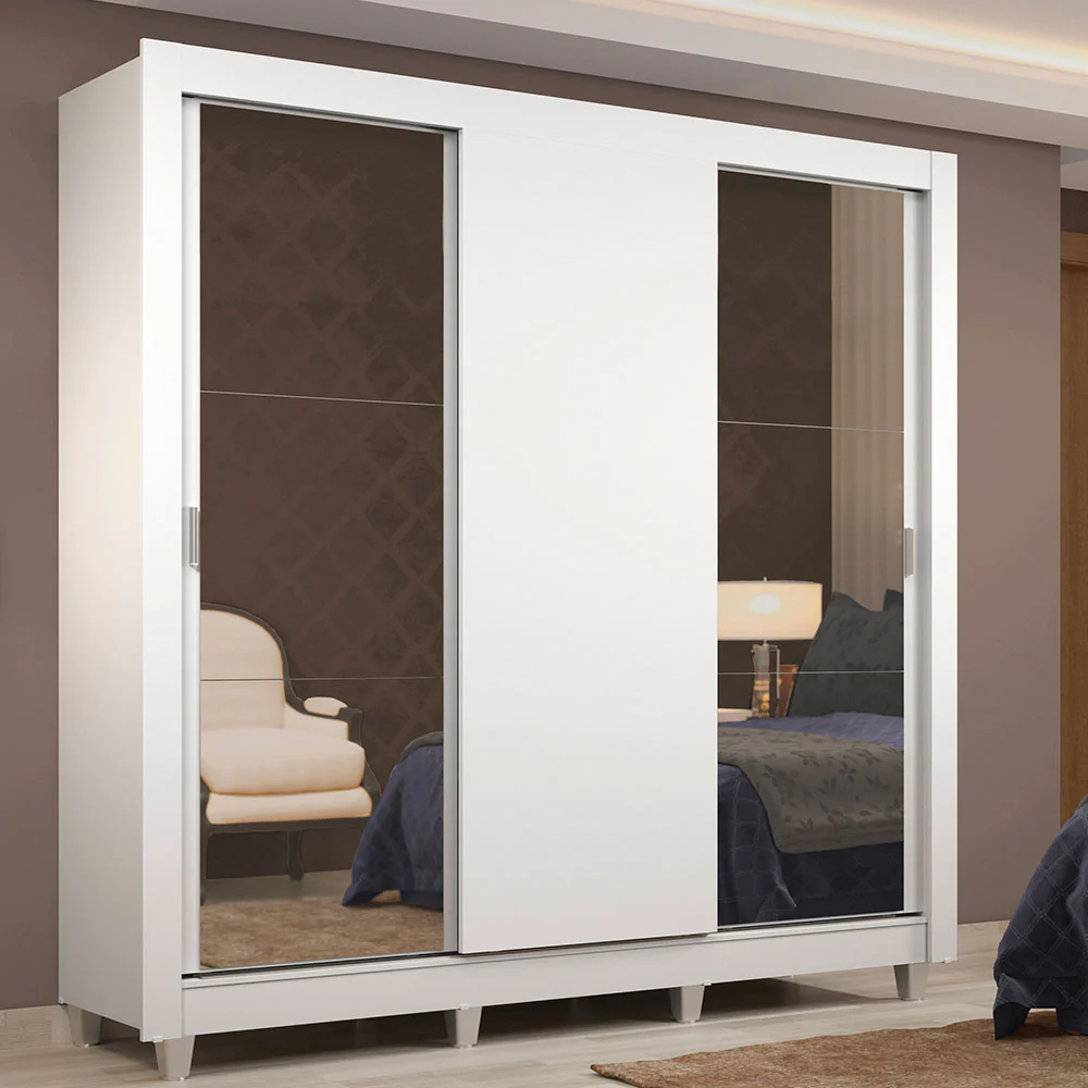 Placard Matrimonial Lyon 3 Puertas Corredizas con Espejos 2 Cajones con Patas Blanco