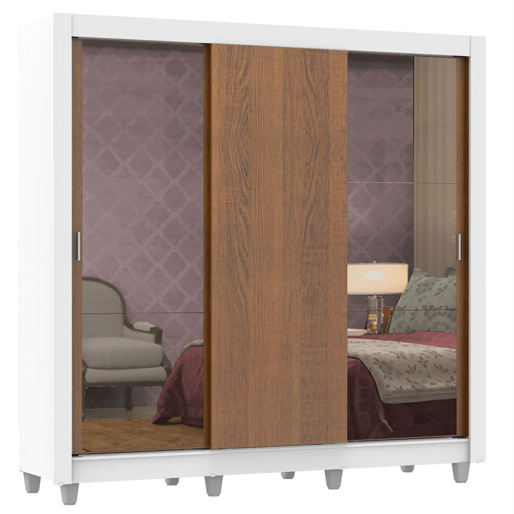 Placard Matrimonial Lyon 3 Puertas Corredizas con Espejos 2 Cajones con Patas Blanco/Marrón - Image 3