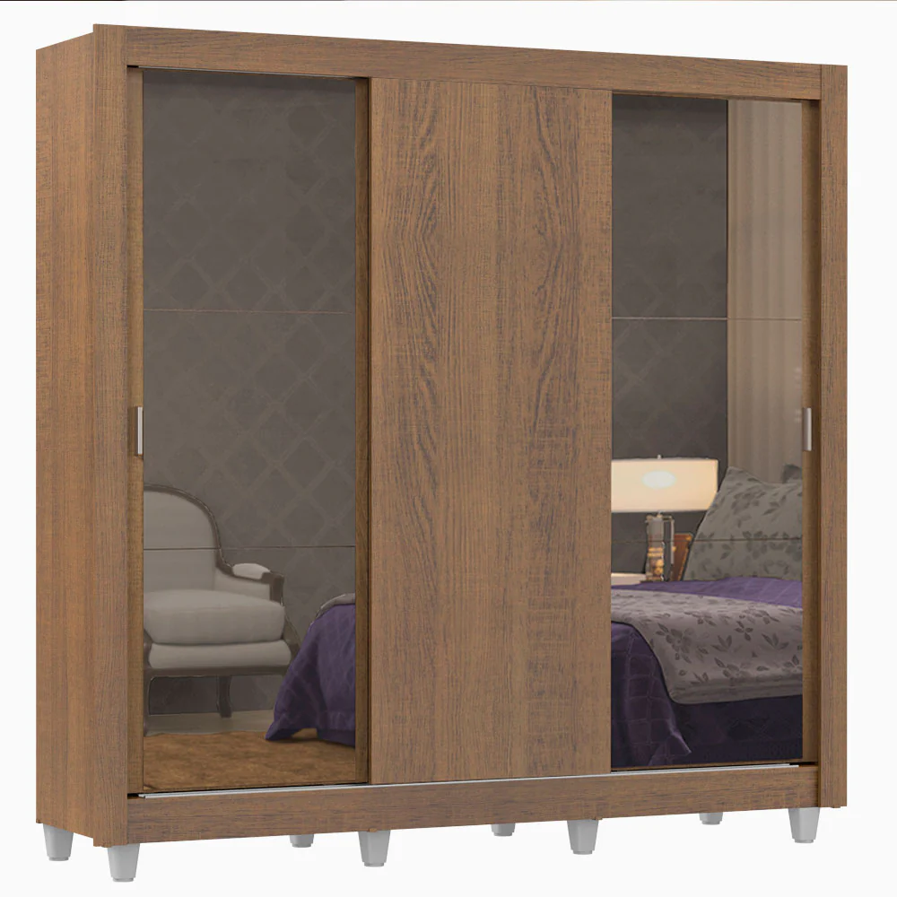 Placard Matrimonial Lyon 3 Puertas Corredizas con Espejos 2 Cajones con Patas Marrón - Image 3