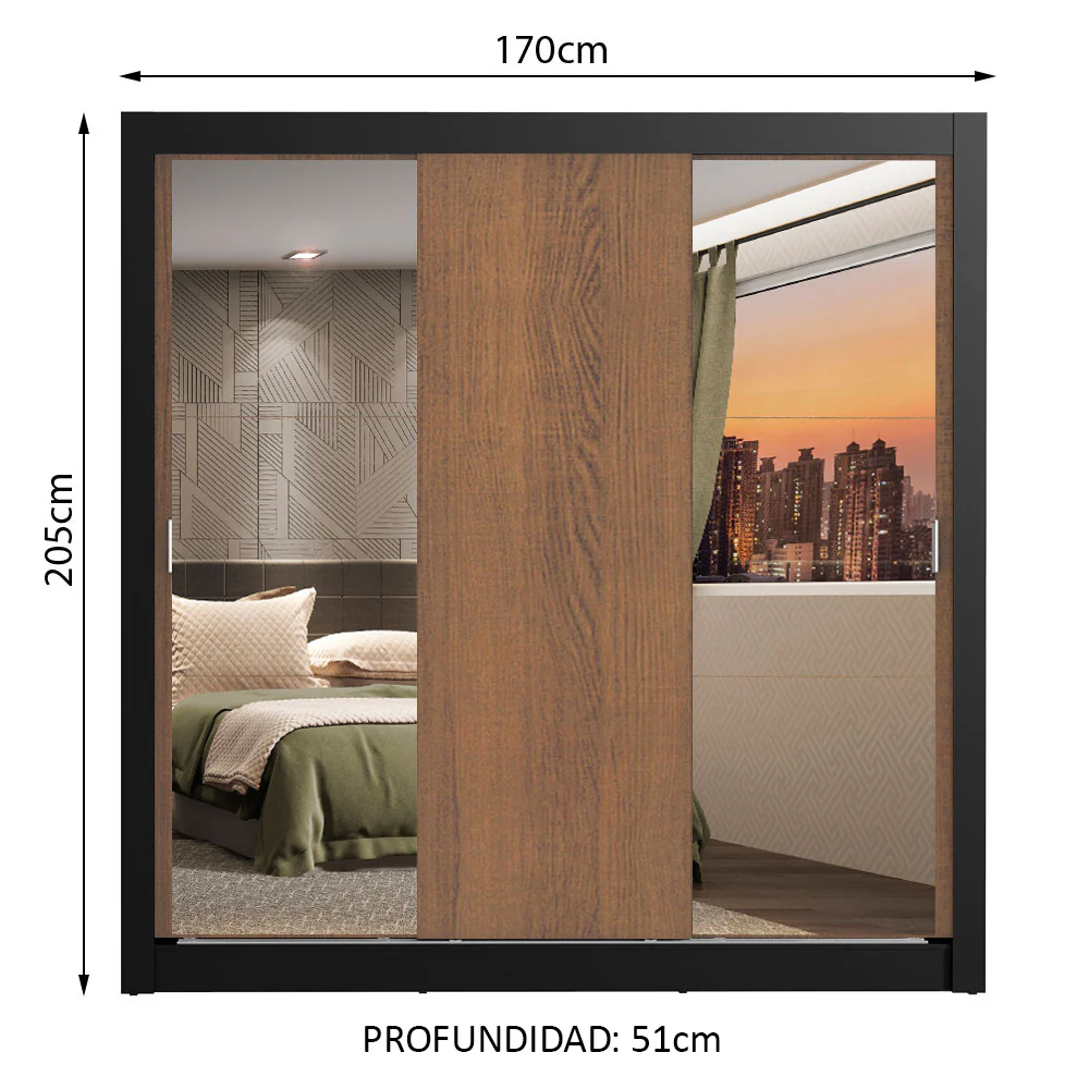Placard Matrimonial Lyon 3 Puertas Corredizas con Espejos 2 Cajones Marrón/Negro - Image 2