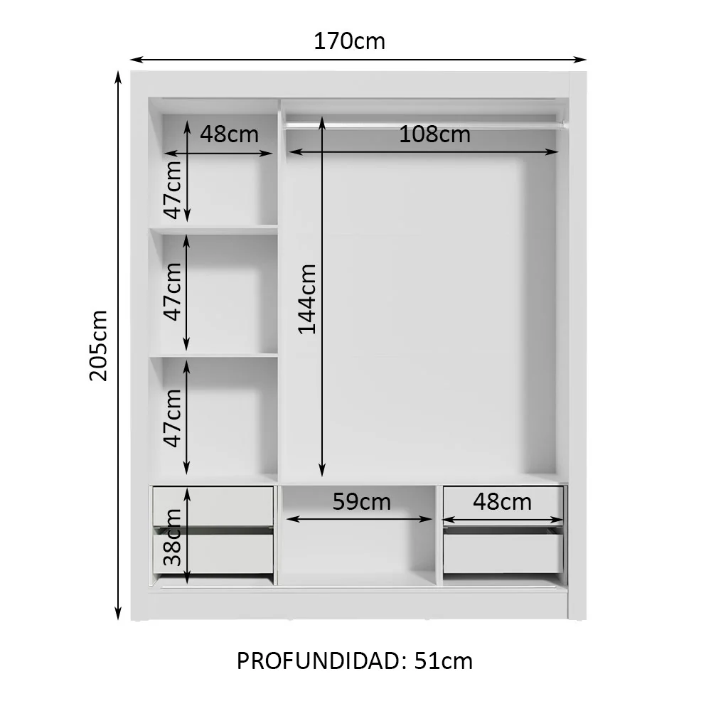 Placard Matrimonial Lyon Plus 3 Puertas Corredizas 4 Cajones Blanco/Negro - Image 4