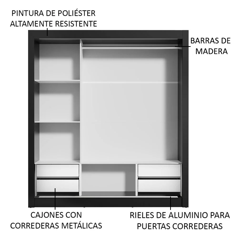 Placard Matrimonial Lyon Plus 3 Puertas Corredizas 4 Cajones Negro/Marrón - Image 4