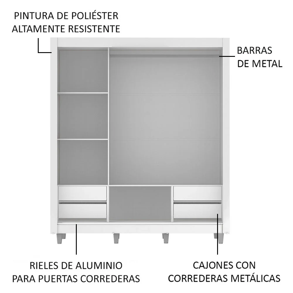Placard Matrimonial Lyon Plus 3 Puertas Corredizas con Espejo 4 Cajones con Patas Blanco - Image 5