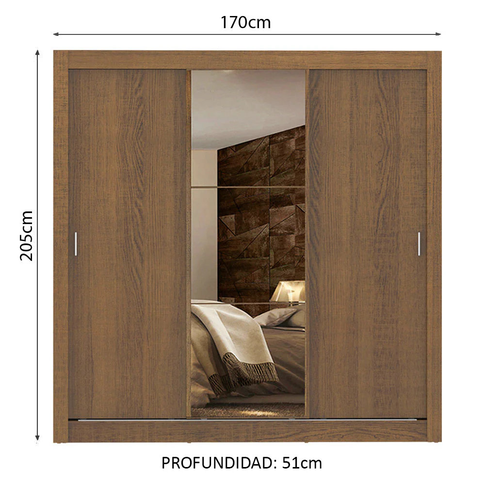 Placard Matrimonial Lyon Plus 3 Puertas Corredizas con Espejo 4 Cajones Marrón - Image 2