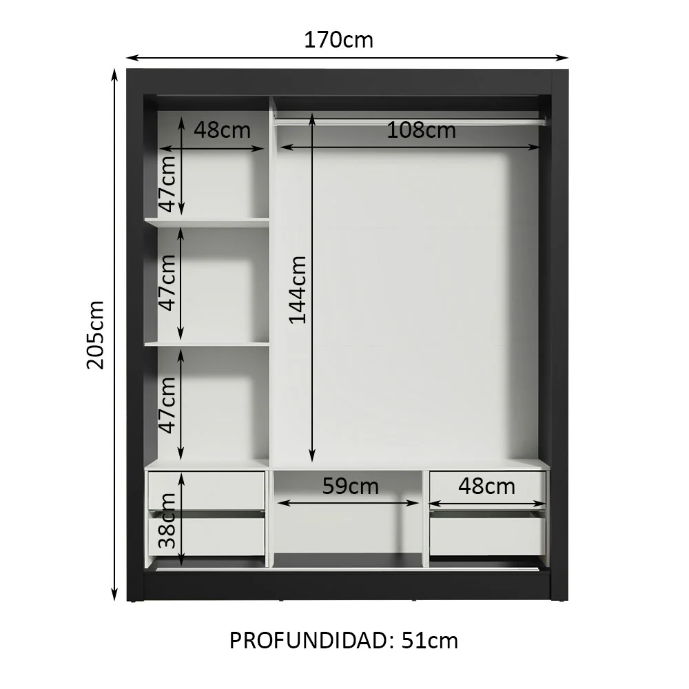 Placard Matrimonial Lyon Plus 3 Puertas Corredizas con Espejo 4 Cajones Negro - Image 4