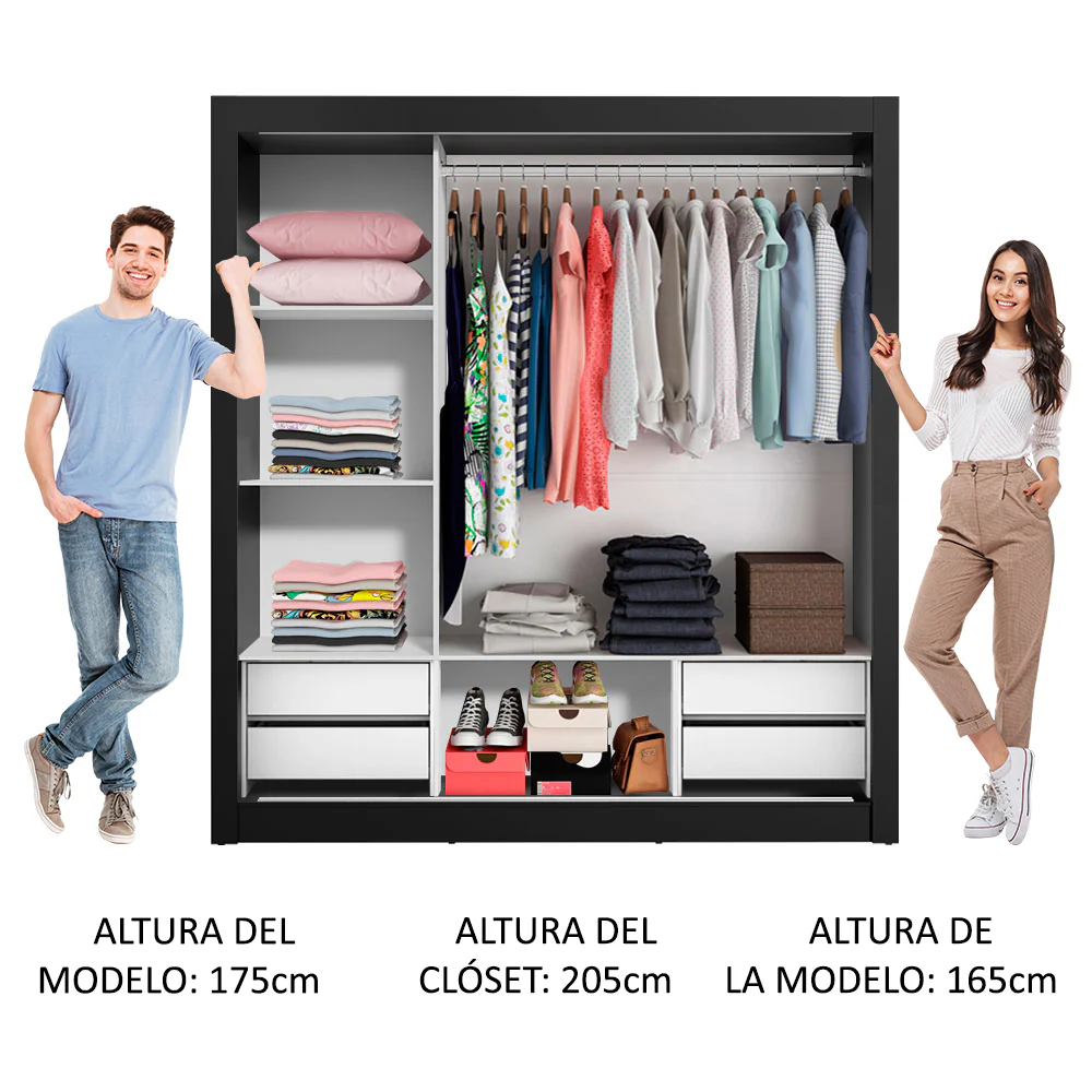 Placard Matrimonial Lyon Plus 3 Puertas Corredizas con Espejo 4 Cajones Negro - Image 5
