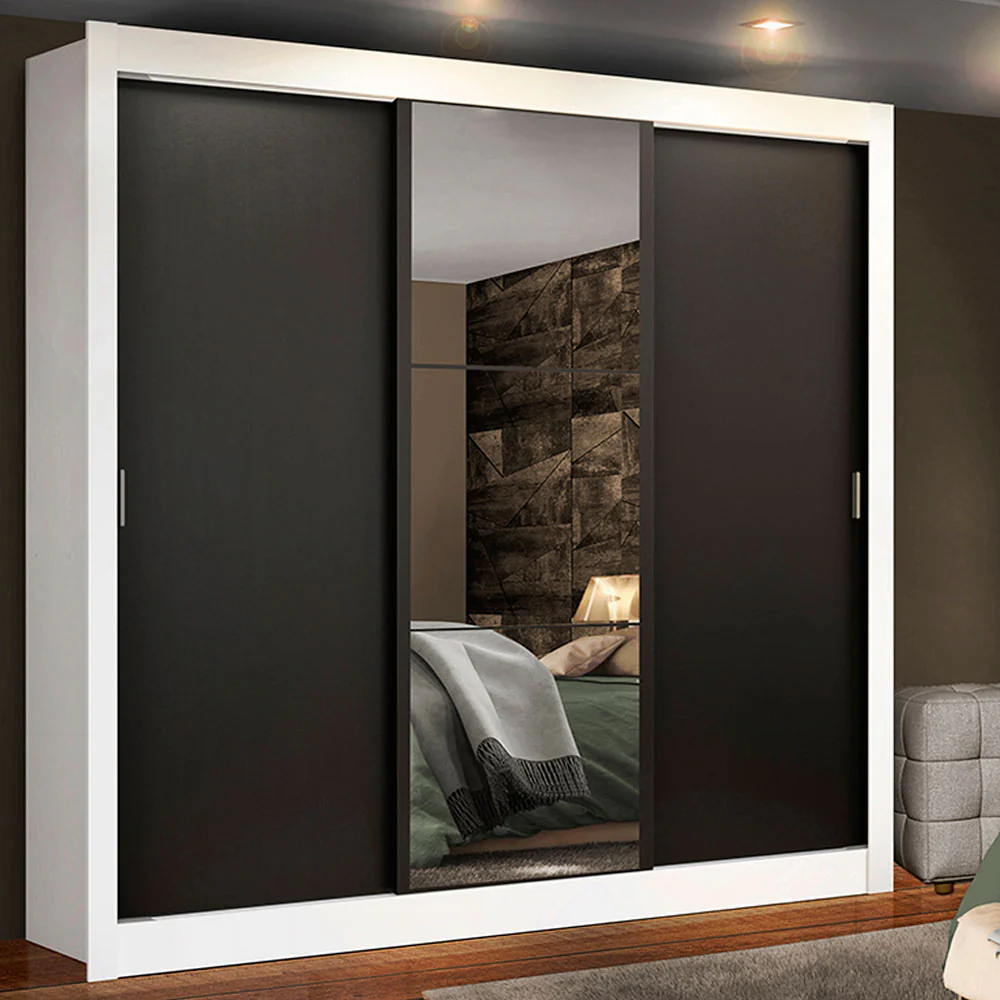 Placard Matrimonial Lyon Plus 3 Puertas Corredizas con Espejos 4 Cajones Blanco/Negro