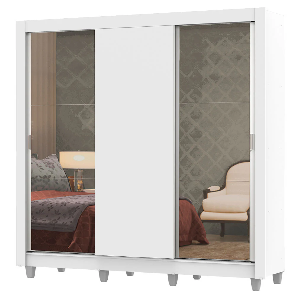 Placard Matrimonial Lyon Plus 3 Puertas Corredizas con Espejos 4 Cajones con Patas Blanco - Image 3