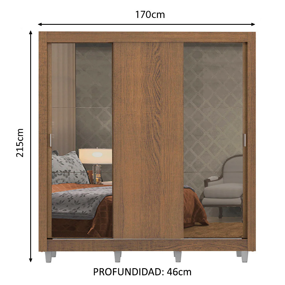 Placard Matrimonial Lyon Plus 3 Puertas Corredizas con Espejos 4 Cajones con Patas Marrón - Image 2