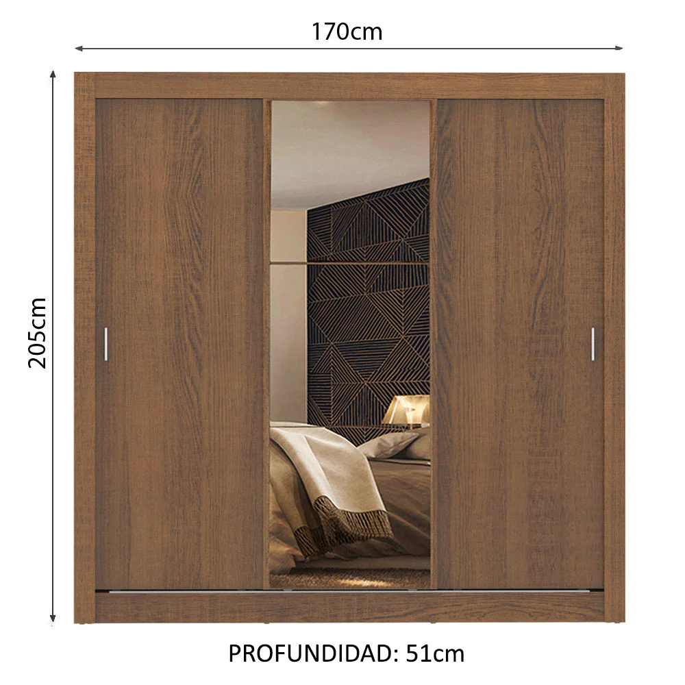 Placard Matrimonial Monaco 3 Puertas Corredizas 1 con Espejo - Marrón - Image 2