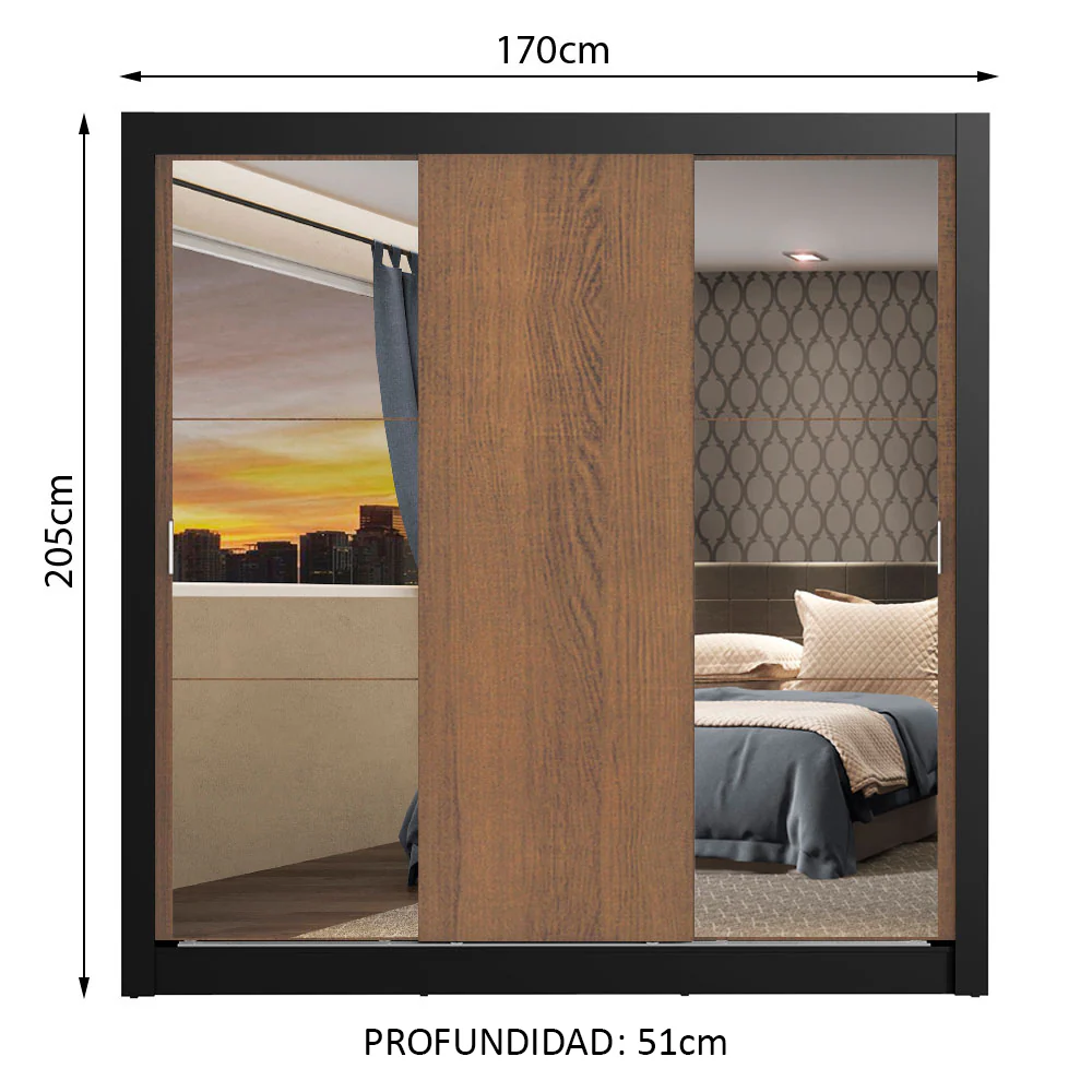 Placard Matrimonial Monaco 3 Puertas Corredizas 2 con Espejos Negro/Marrón - Image 2