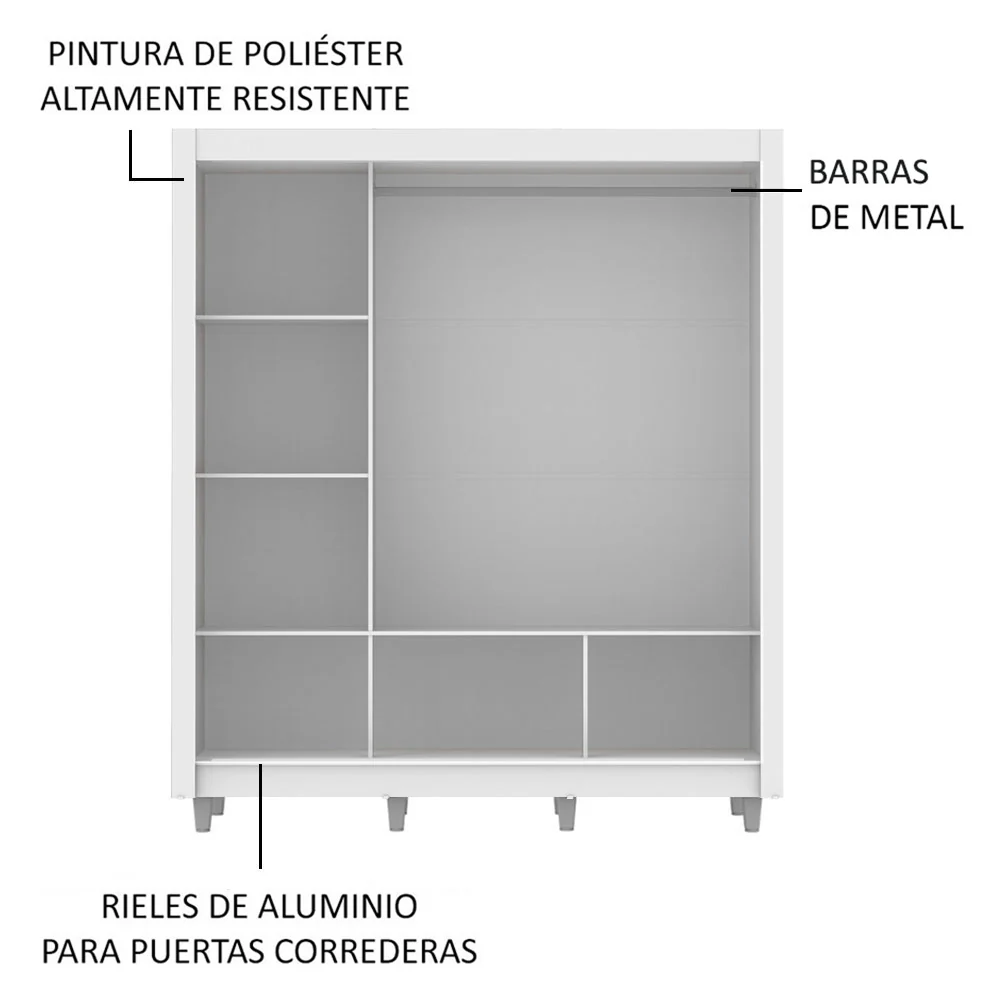Placard Matrimonial Mónaco 3 Puertas Corredizas con Espejo con Patas Blanco - Image 5