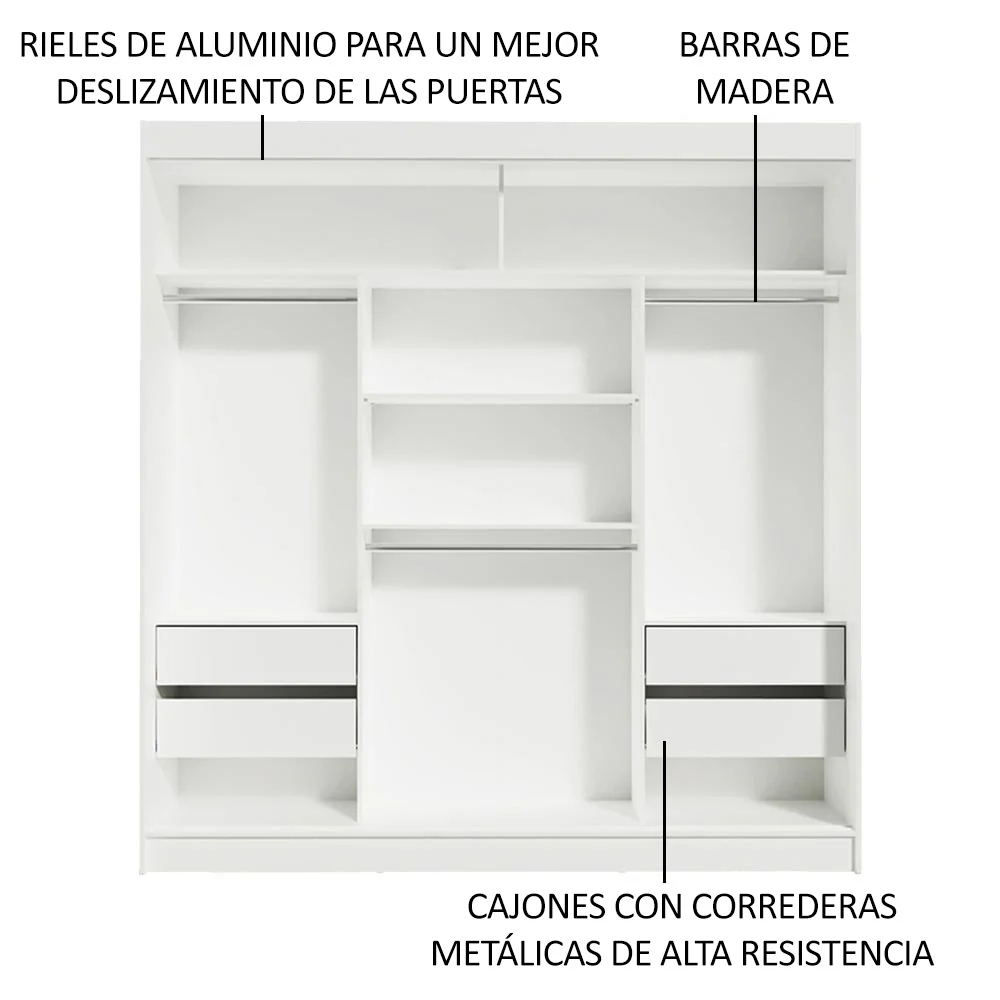 Placard Matrimonial Reno 3 Puertas Corredizas 2 con Espejos - Blanco - Image 5