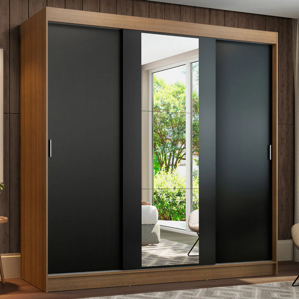 Placard Matrimonial Reno 3 Puertas Corredizas con Espejo Marrón/Negro