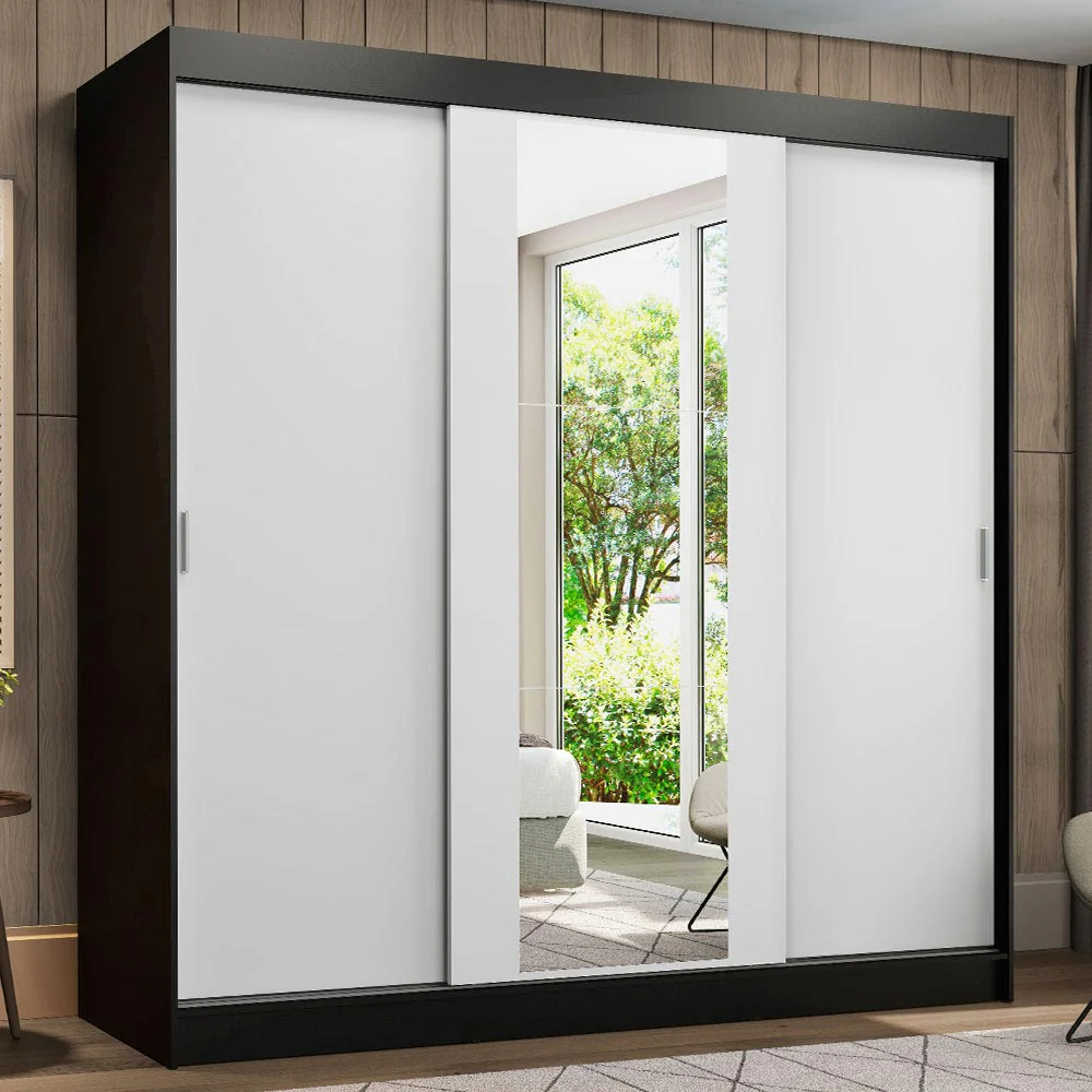 Placard Matrimonial Reno 3 Puertas Corredizas con Espejo Negro/Blanco