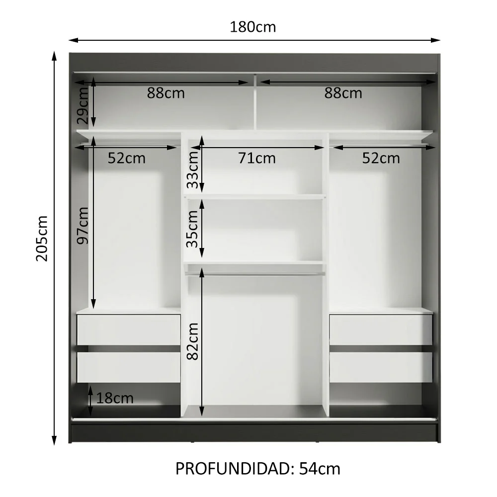 Placard Matrimonial Reno 3 Puertas Corredizas con Espejo Negro/Blanco - Image 9