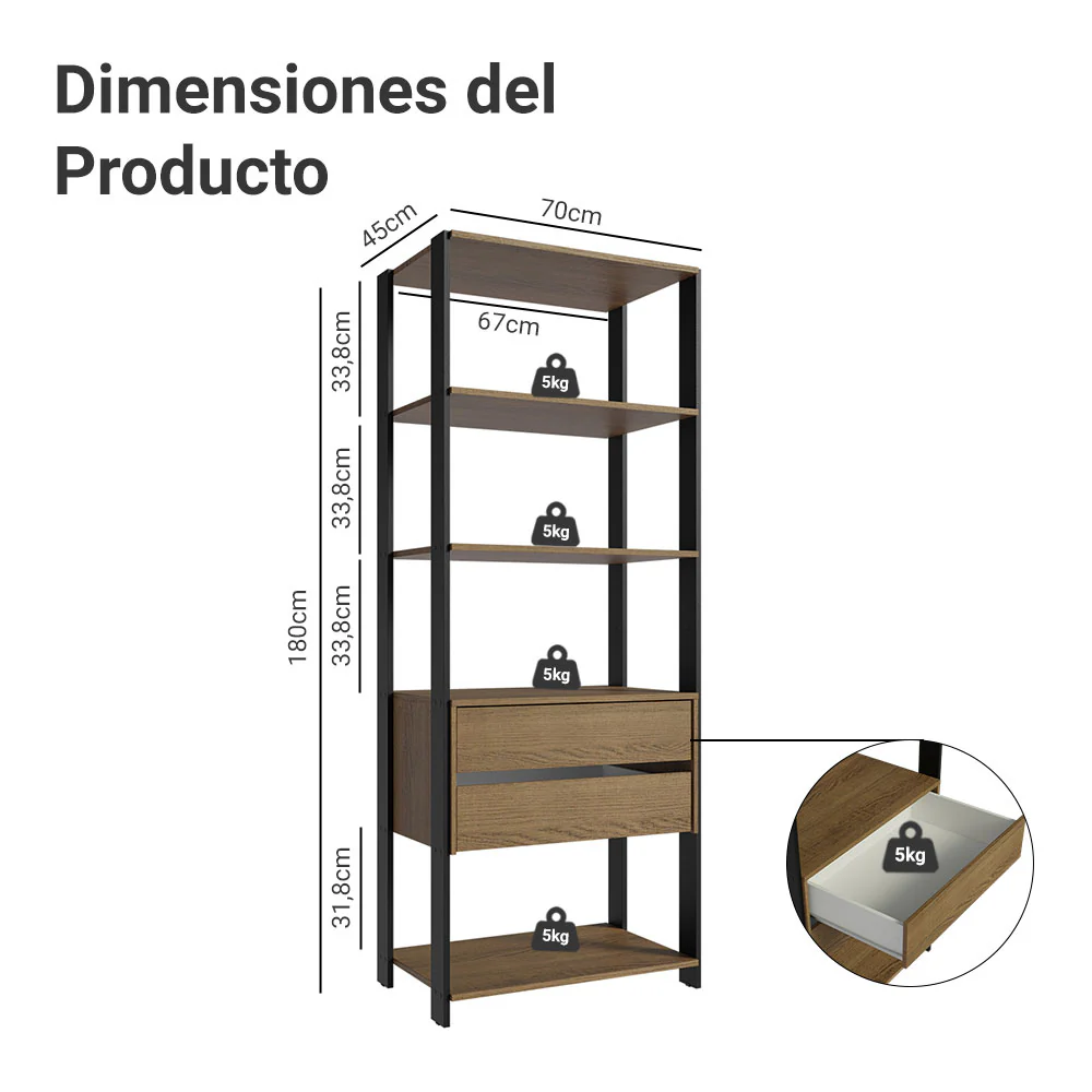 Placard Modulado 2 Cajones 4 Niveles 70cm Marrón/Negro Valencia - Image 2