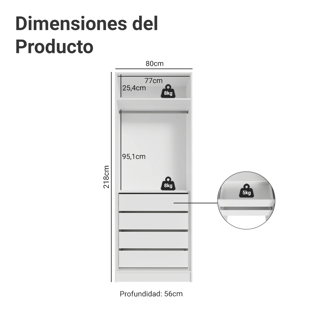 Placard Modular 2 Puertas con Espejo 4 Cajones 1 Perchero Blanco Neo Madesa - Image 2