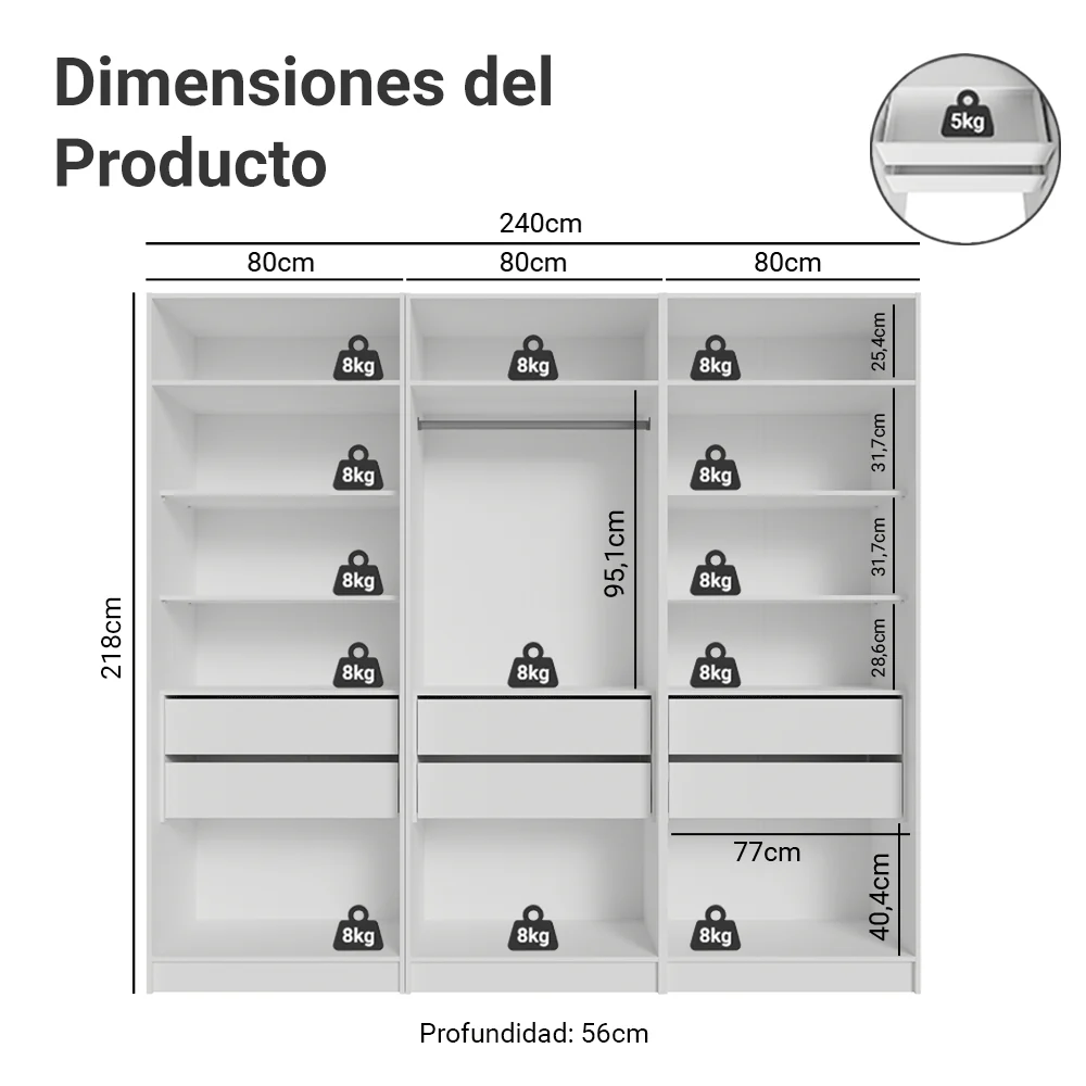 Placard Modular 240 cm 6 Puertas 6 Cajones Blanco Neo Madesa 03 - Image 2