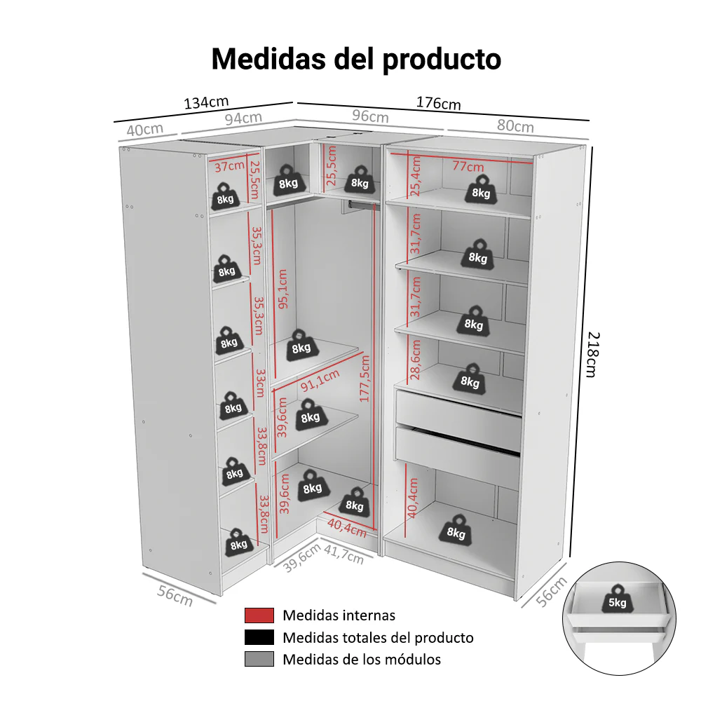 Placard Modular de Esquinero 310 cm 5 Puertas con Espejos 2 Cajones Blanco Neo Madesa 04 - Image 2