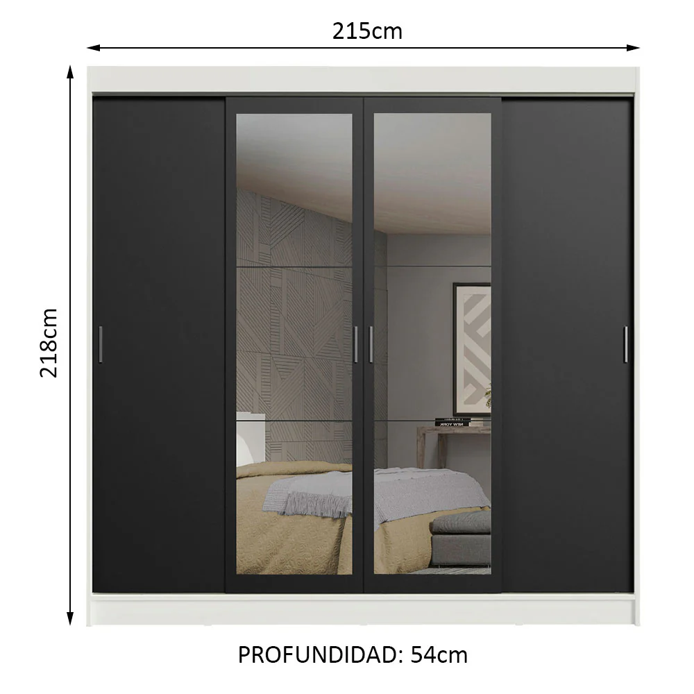 Placard Ropero Matrimonial Madesa Austin 4 Puertas Corredizas con Espejos 3 Cajones Blanco/Negro - Image 2
