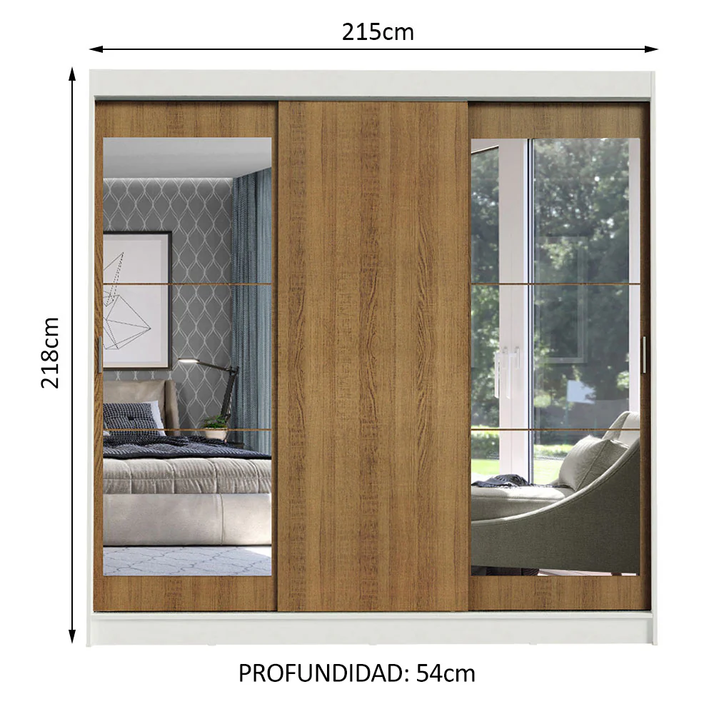 Placard Ropero Matrimonial Madesa Istambul 3 Puertas Corredizas con Espejos 3 Cajones Blanco/Marrón - Image 2