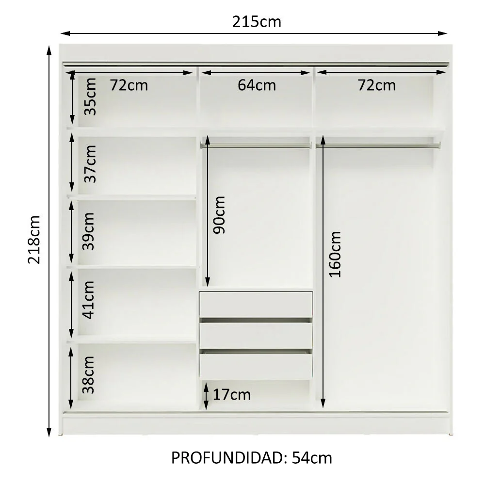 Placard Ropero Matrimonial Madesa Istambul 3 Puertas Corredizas de Espejo 3 Cajones Blanco - Image 6