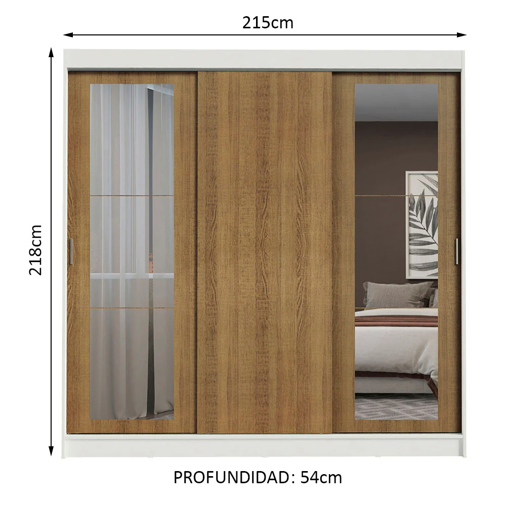 Placard Ropero Matrimonial Madesa Kansas 3 Puertas Corredizas con Espejos 3 Cajones Blanco/Marrón - Image 2