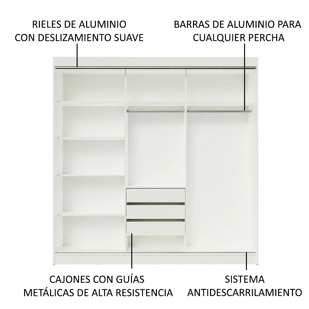 Placard Ropero Matrimonial Madesa Kansas 3 Puertas Corredizas con Espejos 3 Cajones Blanco/Marrón - Image 5
