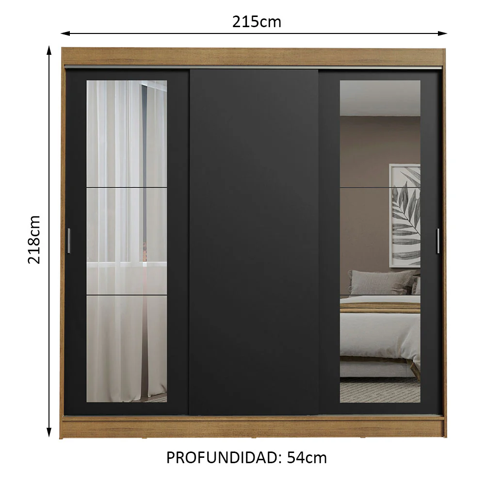 Placard Ropero Matrimonial Madesa Kansas 3 Puertas Corredizas con Espejos 3 Cajones Marrón/Negro - Image 2