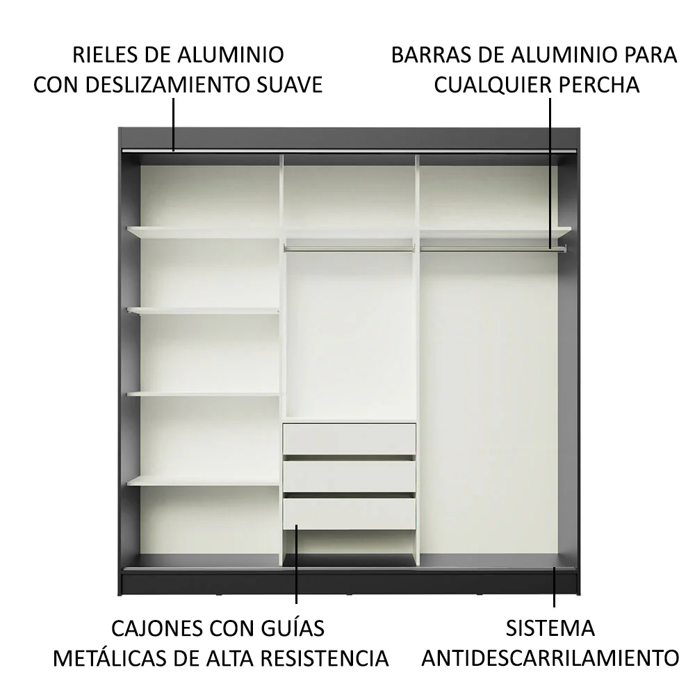Placard Ropero Matrimonial Madesa Kansas 3 Puertas Corredizas con Espejos 3 Cajones Negro - Image 5
