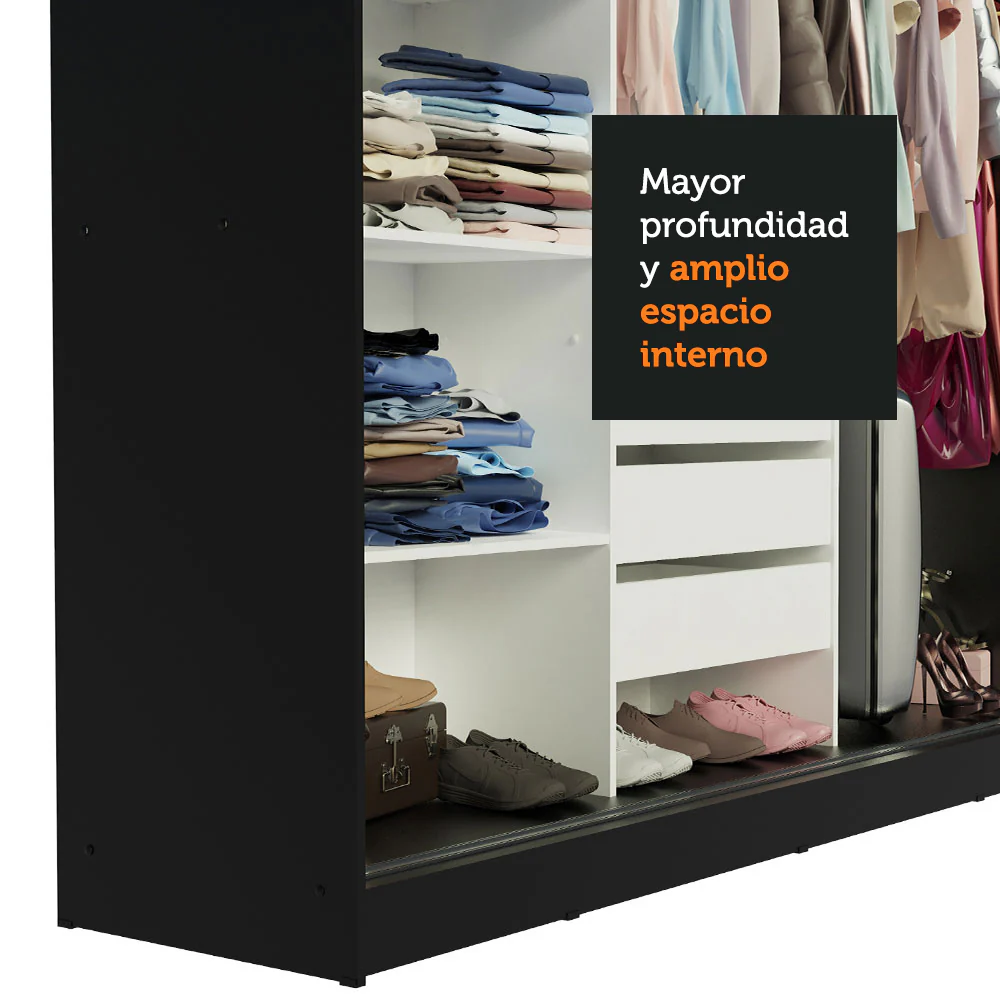 Placard Ropero Matrimonial Madesa Kansas 3 Puertas Corredizas con Espejos 3 Cajones Negro - Image 7