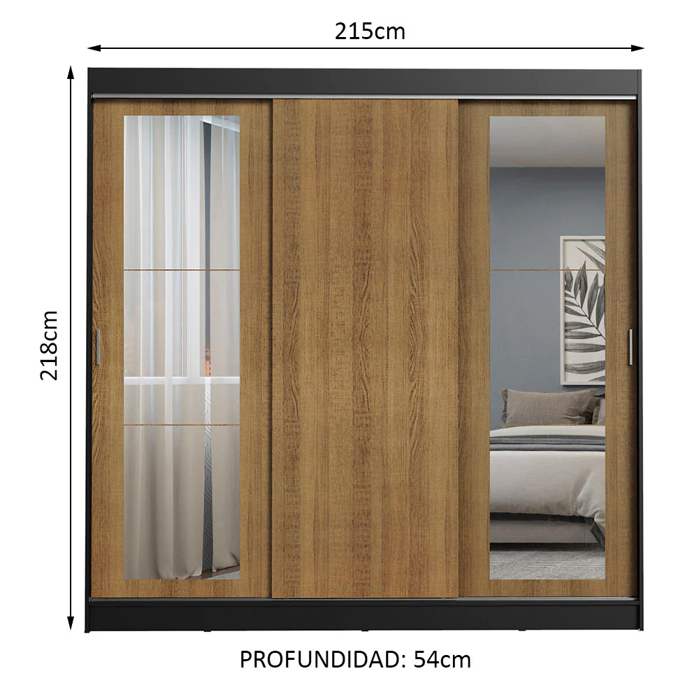 Placard Ropero Matrimonial Madesa Kansas 3 Puertas Corredizas con Espejos 3 Cajones Negro/Marrón - Image 2