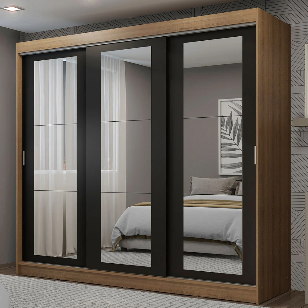Placard Ropero Matrimonial Madesa Kansas 3 Puertas Corredizas de Espejo 3 Cajones Marrón/Negro