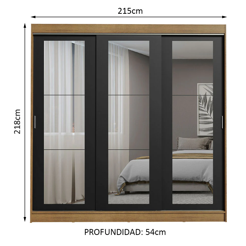 Placard Ropero Matrimonial Madesa Kansas 3 Puertas Corredizas de Espejo 3 Cajones Marrón/Negro - Image 2